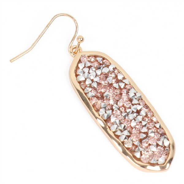 OVAL GLITTER FACETED DANGLE HOOK EARRINGS: GOLD PEACH