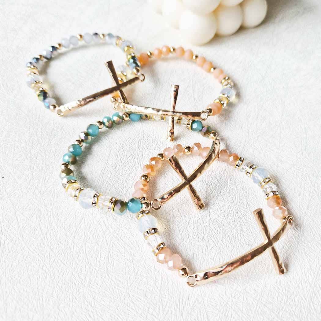 Hammered Cross Bead Stretch Bracelet: ASSORTED COLOR