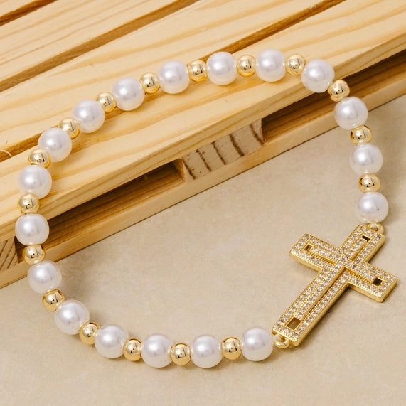 Gold Dipped CZ Cross Pearl Beads Bracelet