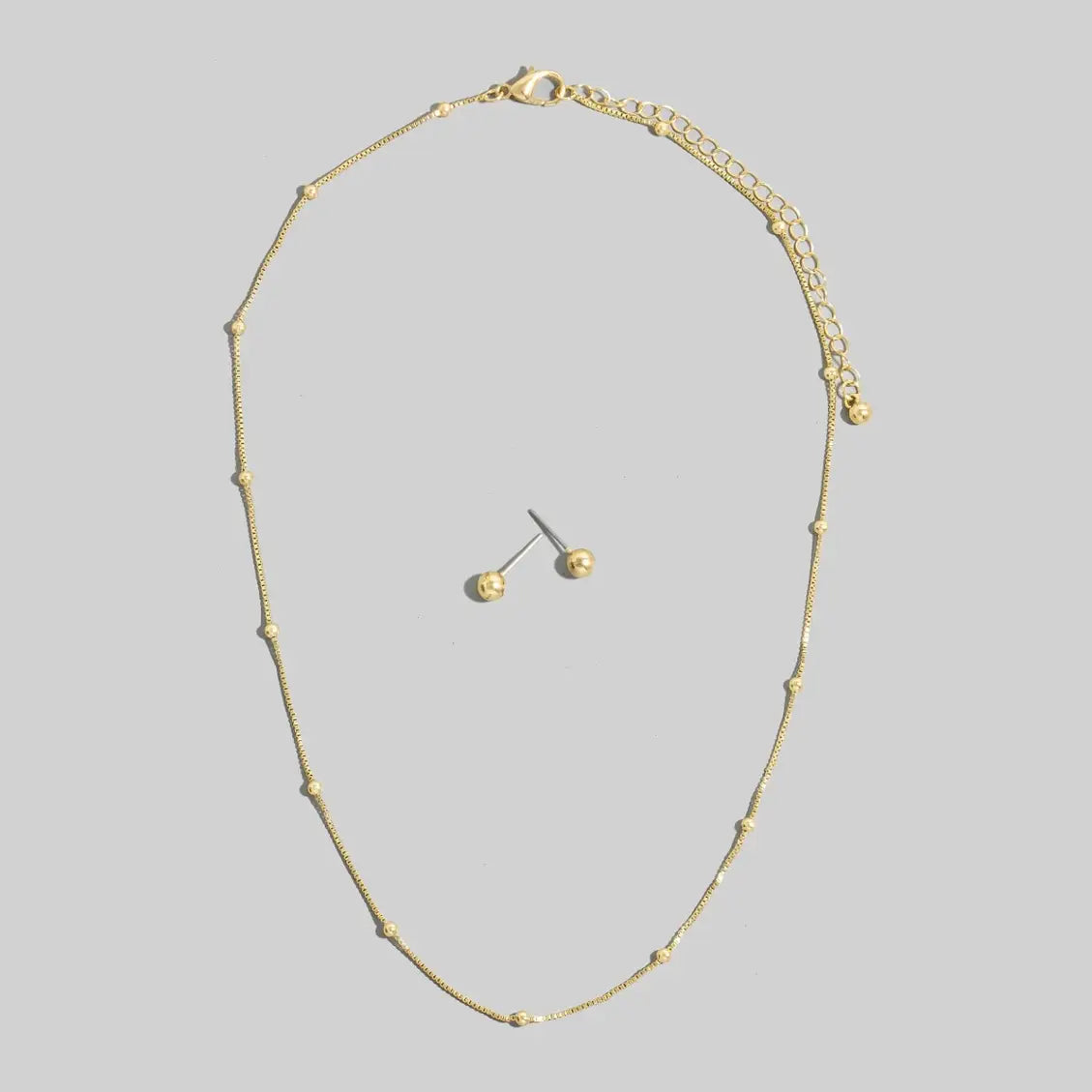 Gold Dipped Station Beads Dainty Box Chain Necklace Set