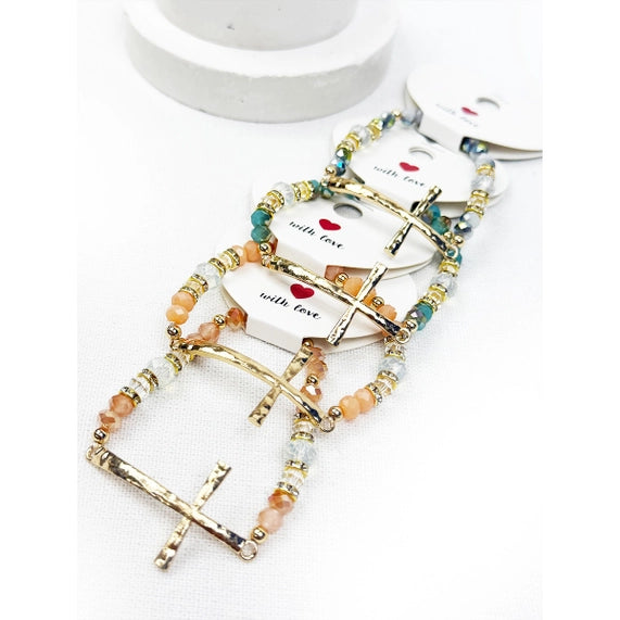 Hammered Cross Bead Stretch Bracelet