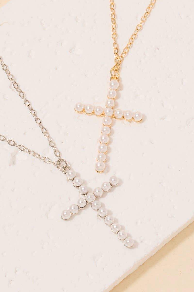 Pearl Cross Pendant Necklace: RHCRM