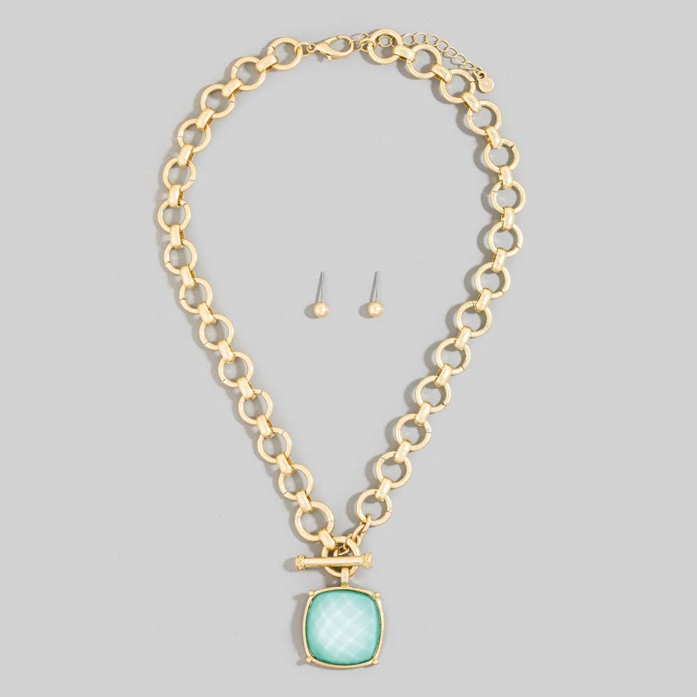 Large Square Faceted Stone Pendant Toggle Chain Necklace: SNOW
