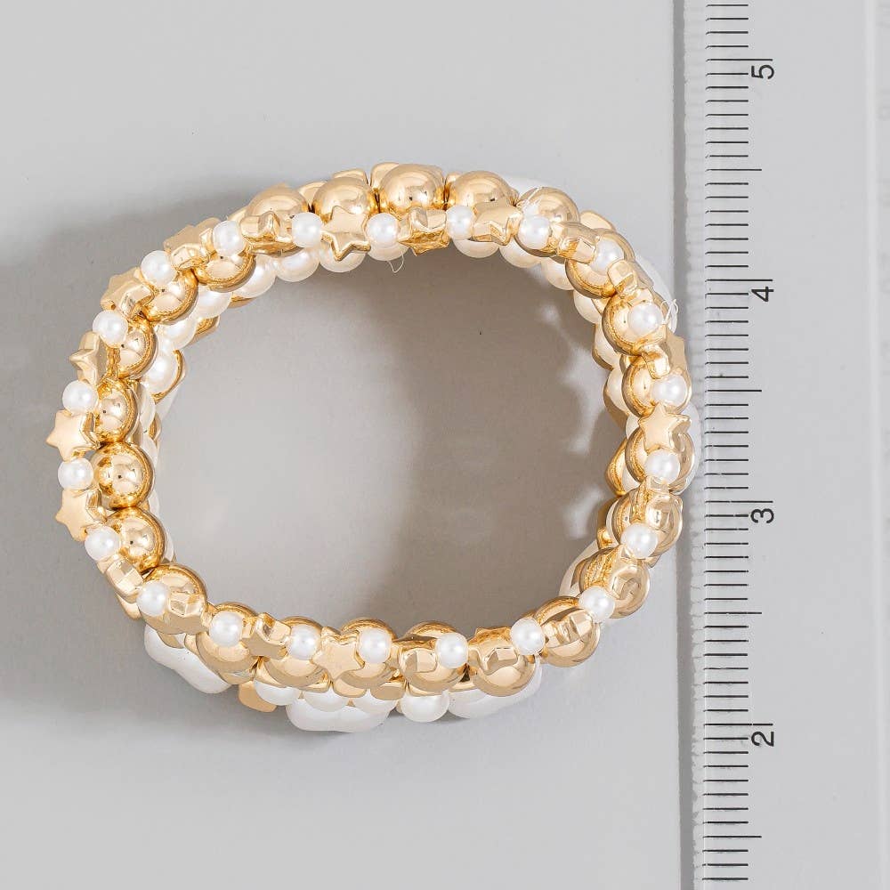 Metallic And Pearl Beaded Elastic Bracelet Set: GD