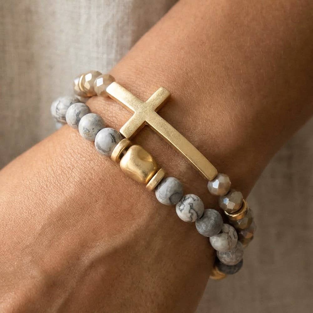 Cross Charm Stone Beaded Bracelet Set: LCTWG