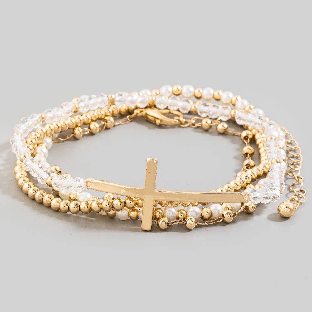 Cross Charm Pearl And Metallic Beaded Bracelet: GD