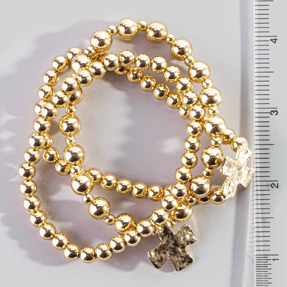 Hammered Cross Charm Metallic Beaded Bracelet Set: GD