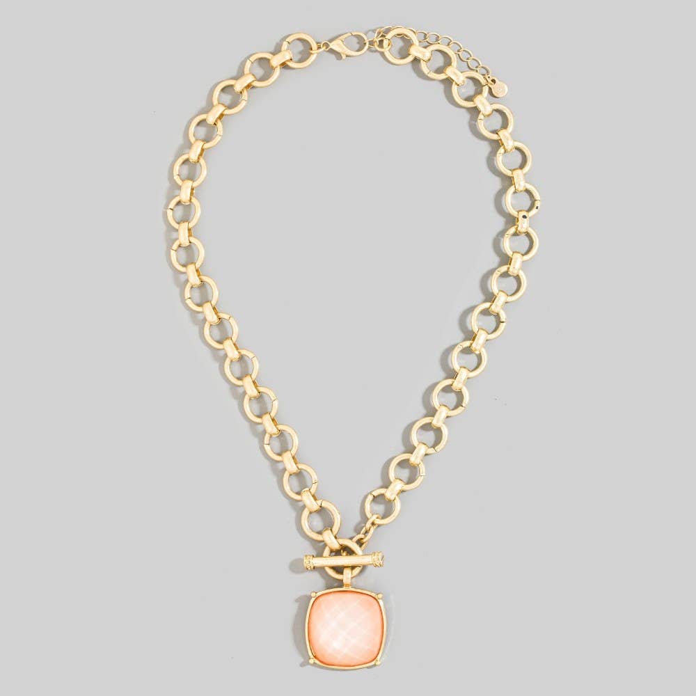 Large Square Faceted Stone Pendant Toggle Chain Necklace: SNOW