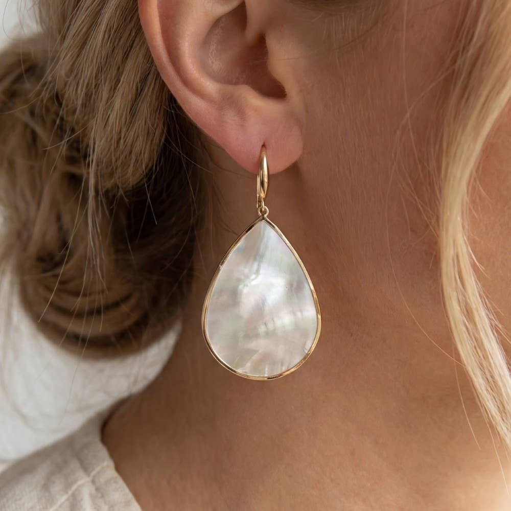 Gold Bezel Iridescent Shell Dangle Earrings: WHTSIL