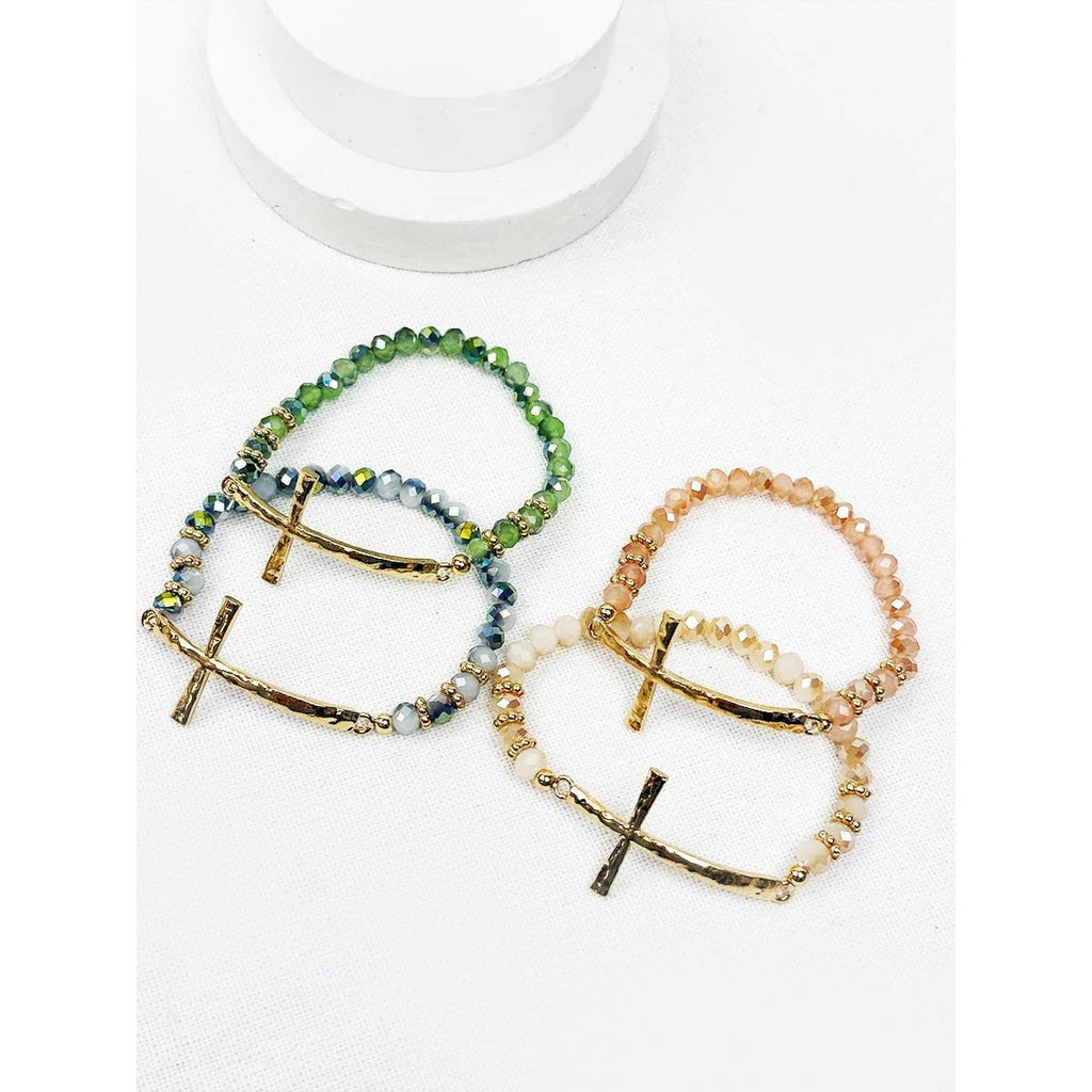 Hammered Cross Bead Stretch Bracelet: MIX COLOR