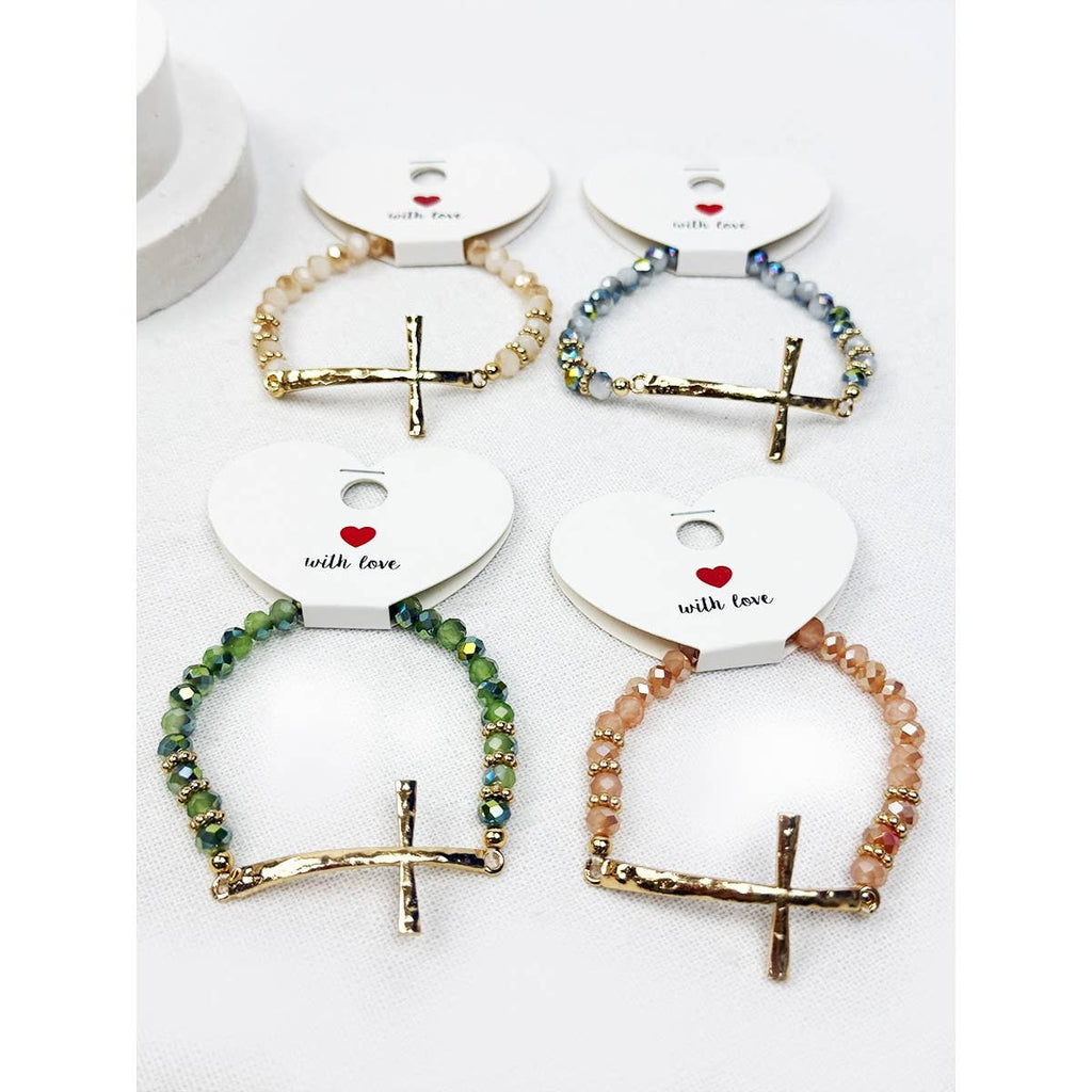 Hammered Cross Bead Stretch Bracelet: MIX COLOR