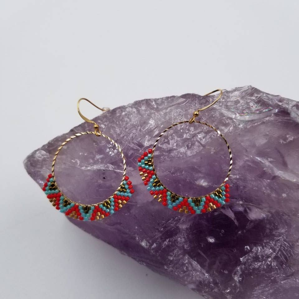 Boho Handwoven Seed Beed Hoop Earrings: Red