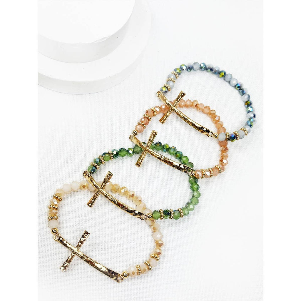 Hammered Cross Bead Stretch Bracelet: MIX COLOR