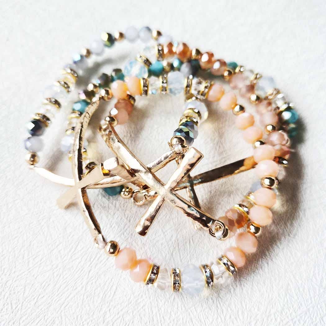 Hammered Cross Bead Stretch Bracelet: ASSORTED COLOR