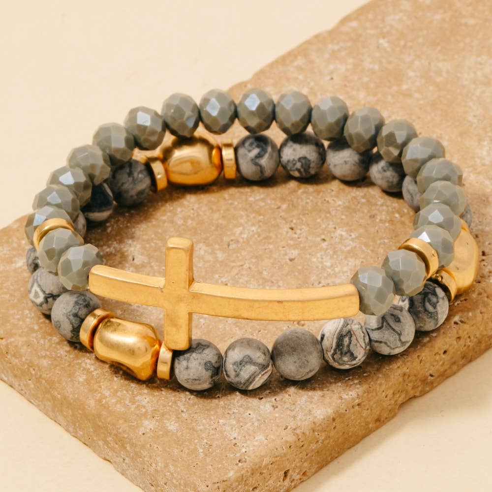 Cross Charm Stone Beaded Bracelet Set: LCTWG