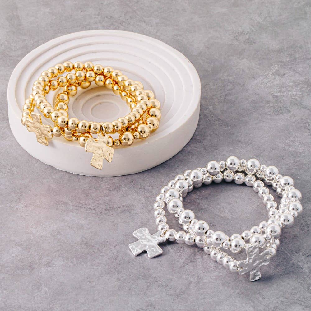Hammered Cross Charm Metallic Beaded Bracelet Set: GD