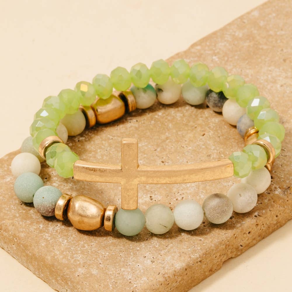 Cross Charm Stone Beaded Bracelet Set: BDWG