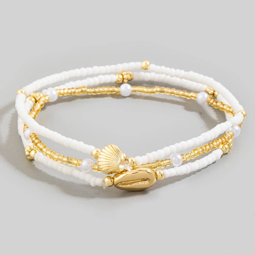 Cowrie And Clam Shell Mixed Beaded Bracelet Set: WHG2