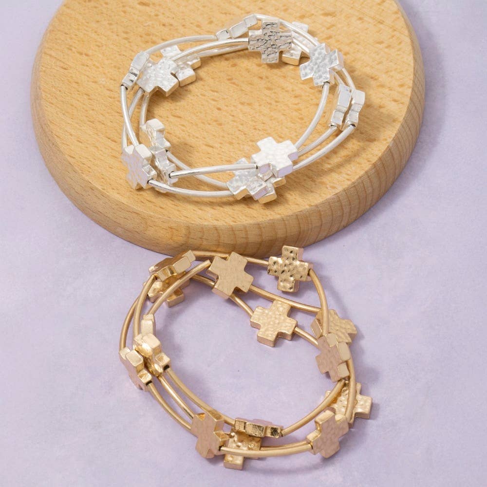 Hammered Cross Charms Layered Bracelet Set: WG