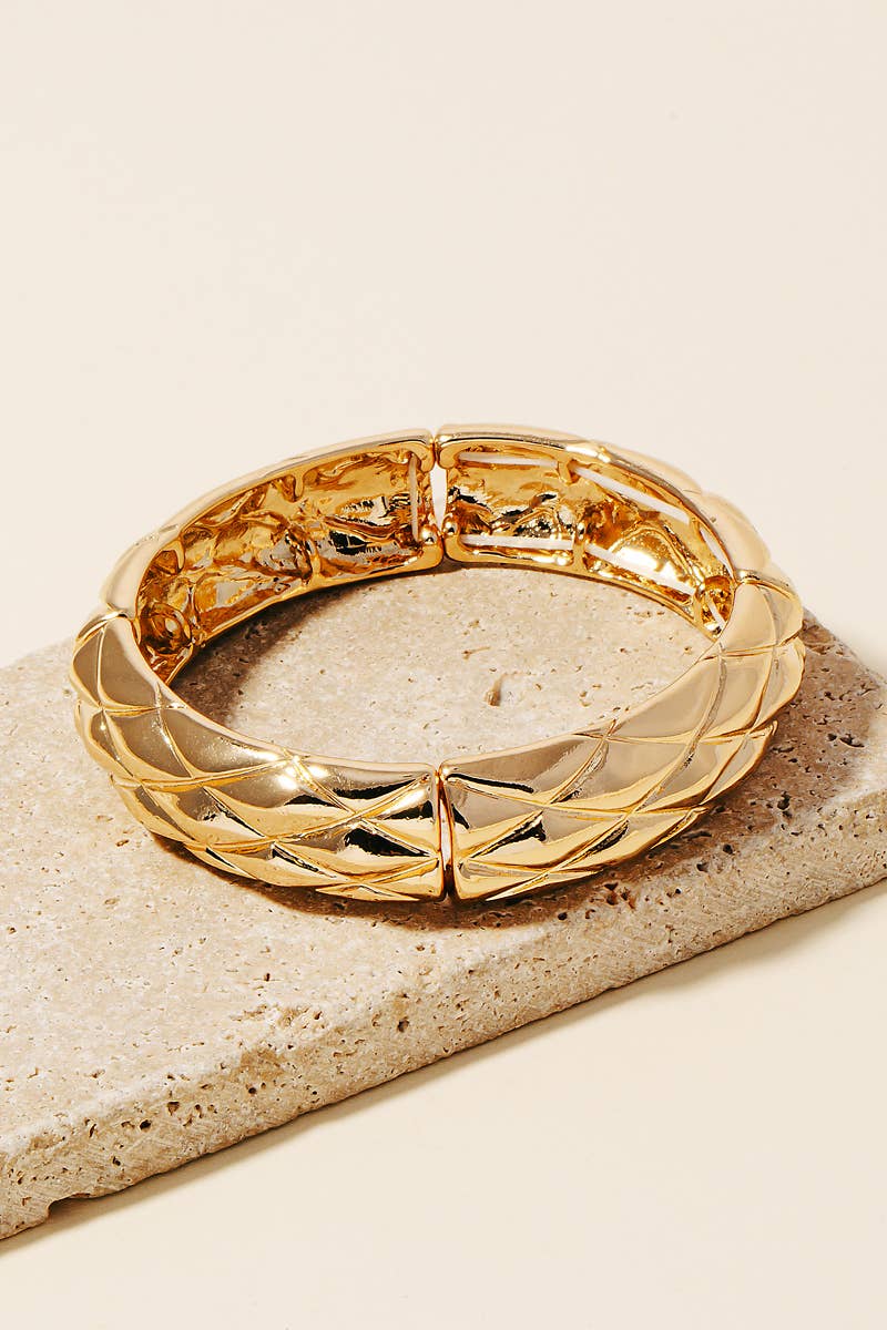 Quilted Pattern Metallic Elastic Bangle Bracelet: Gold