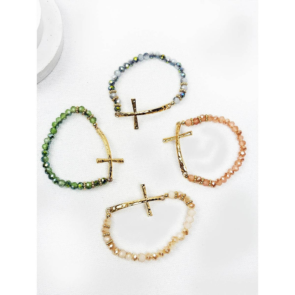 Hammered Cross Bead Stretch Bracelet: MIX COLOR