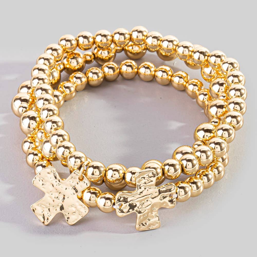 Hammered Cross Charm Metallic Beaded Bracelet Set: GD
