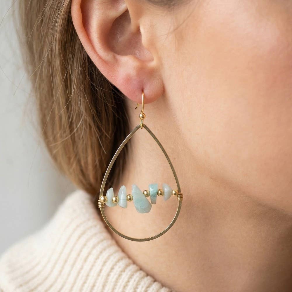 Pebble Stone Beads Tear Dangle Earrings: AMG1