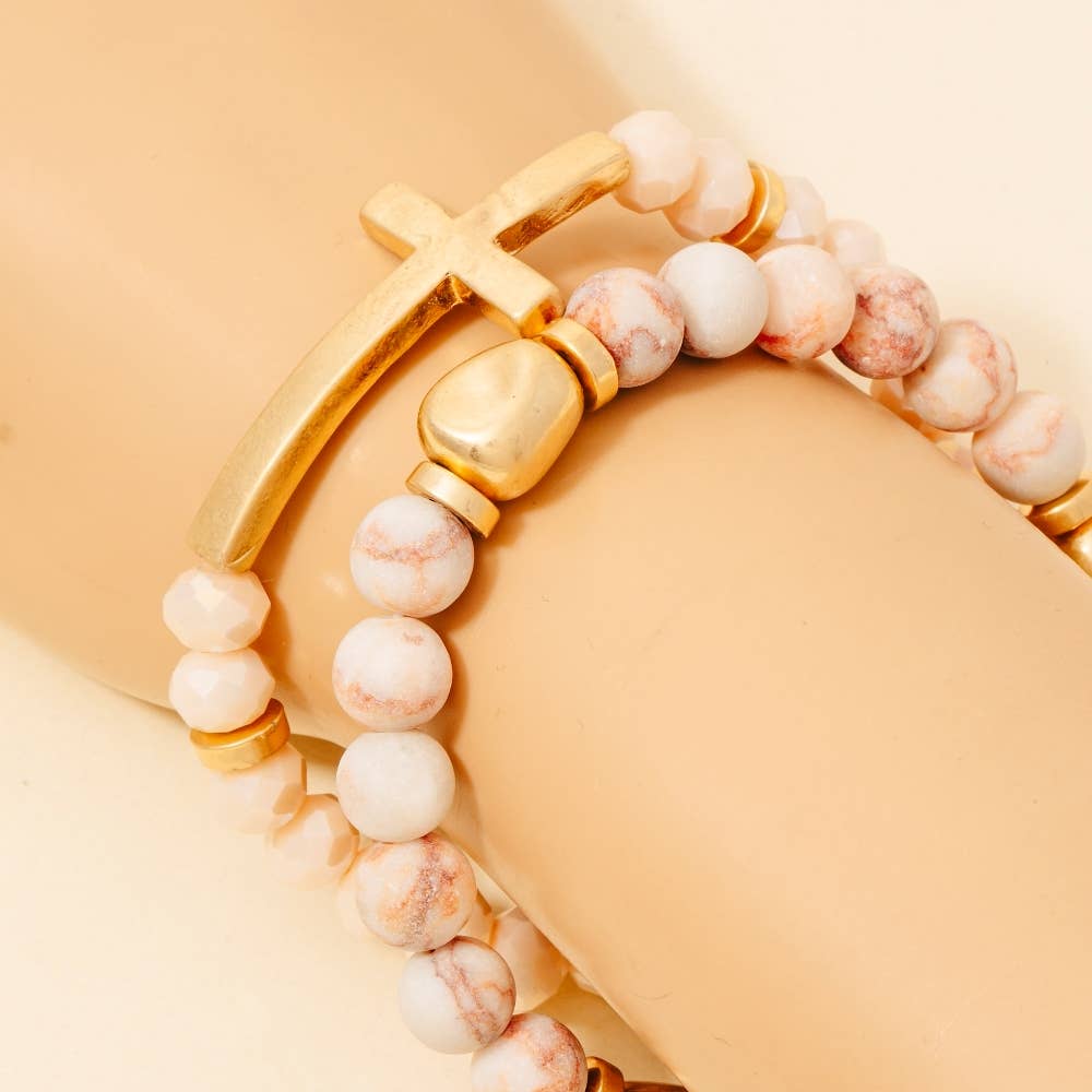 Cross Charm Stone Beaded Bracelet Set: WHWG