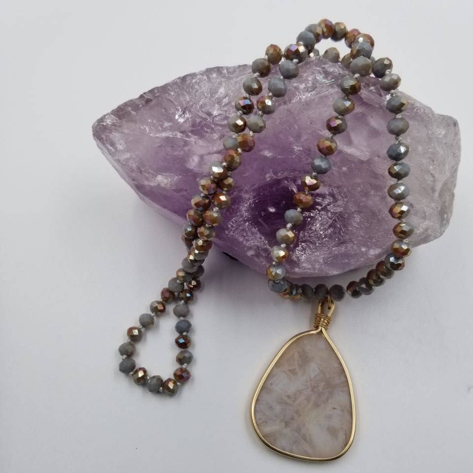 Natural Stone Pendant Long Bead Necklace