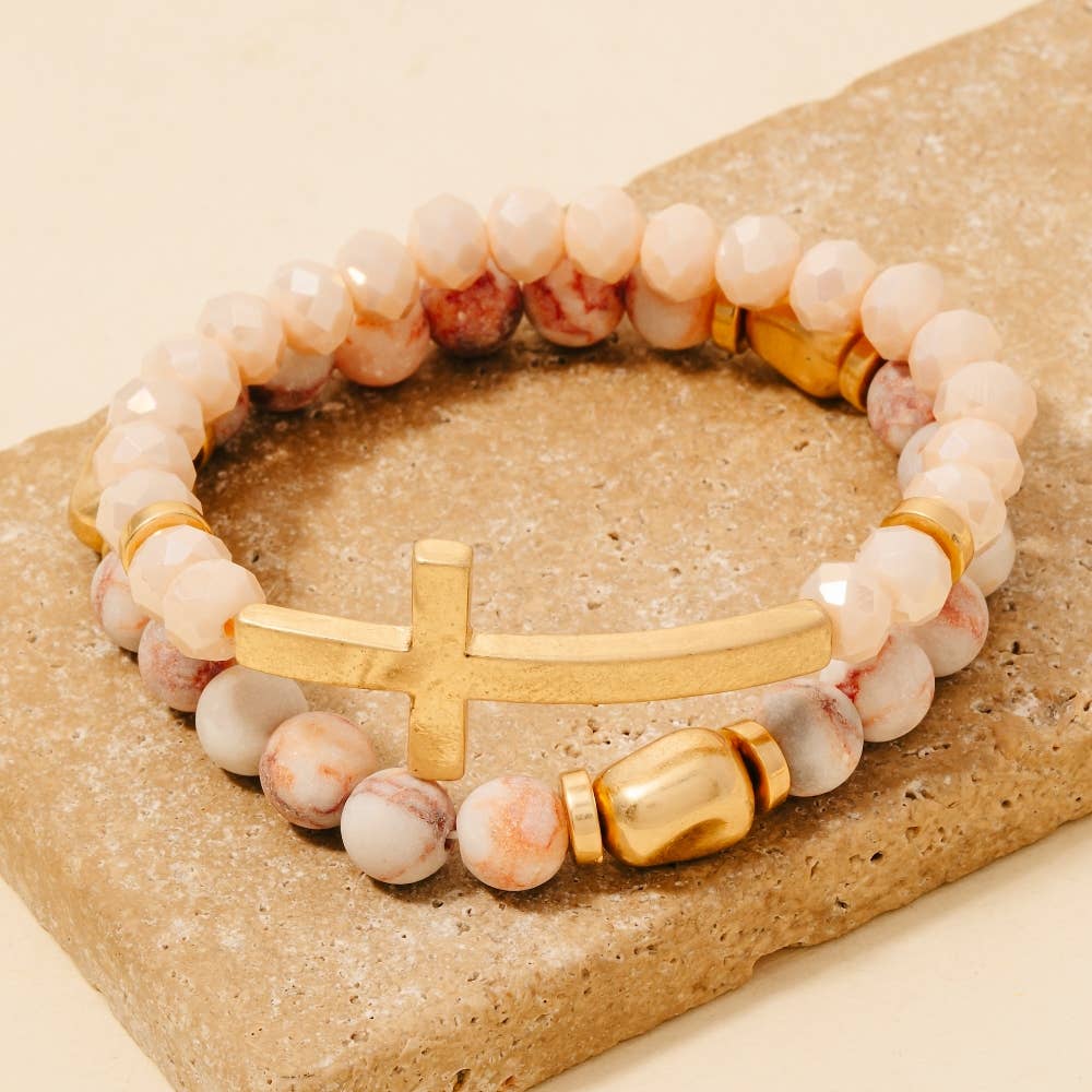 Cross Charm Stone Beaded Bracelet Set: LCTWG